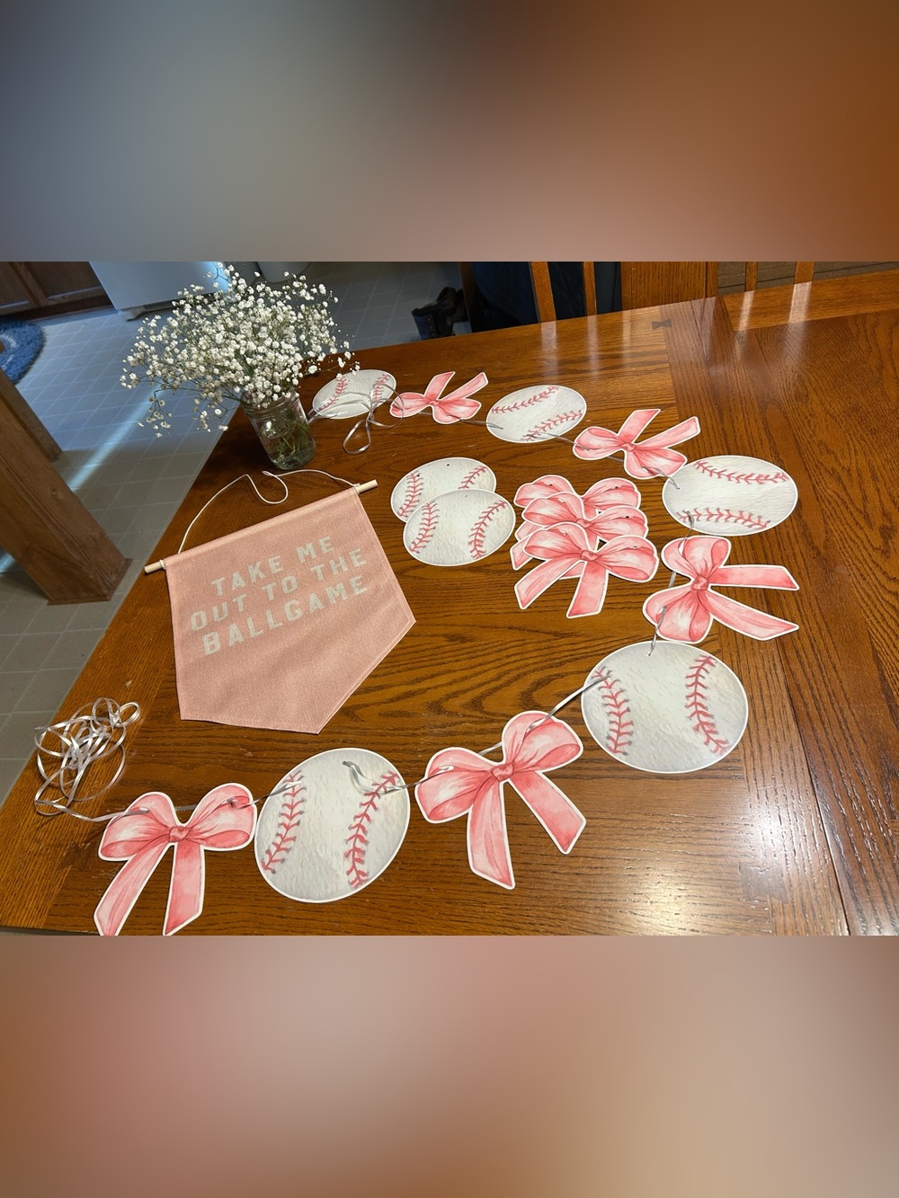 Pink Baseball Garland Banner — 'Take Me Out to the Ballgame' Party Decoration